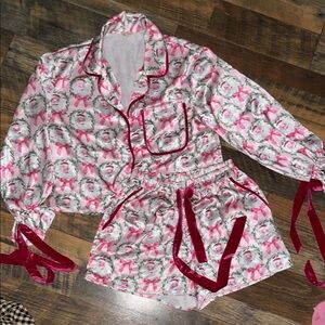 Pink and White Christmas Pajama Set with Red Felt Ties